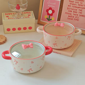 Ingrosso Creative Creative Doppie Manico Rosa Vaso in Ceramica per uso domestico Piccola Ciotola di Ceramica di Noodle Istant Ciotola in Ceramica con Papillon di Vetro coperchio - Product Image 2