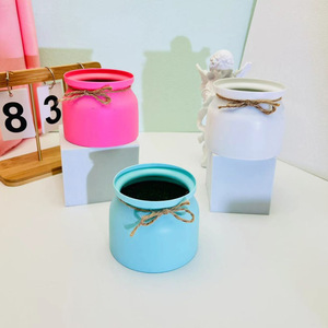 Pot de fleurs évasé en plastique couleur macaron avec nœud, pour plantes artificielles, décoration de mariage et d'hôtel, rouge vif, vert clair, bleu clair, rose - Product Image 2
