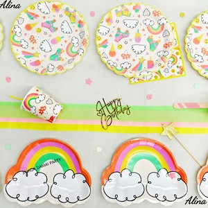 DAMAI - Juego de Platos Desechables de Papel con Diseño de Arcoíris y Nubes para Fiestas de Cumpleaños Infantiles, Tendencia de Verano, Vajilla, Platos y Vasos de Papel - Product Image 3