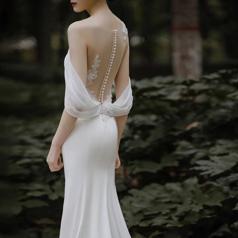 French Sexy Wedding Dresses Off Shoulder V Neck White Dress Slim Wedding Dress Bridal Gown