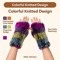 Gants mi-doigts en tricot de fourrure de lapin Rex, style patchwork, doux et moelleux, en vraie fourrure, résistants au vent et chauds