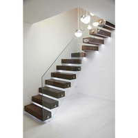 Lumière LED Riser ouvert Escalier flottant de couleur foncée Escalier droit en bois Escaliers en porte-à-faux