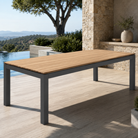 Mesa de Comedor Rectangular para Exteriores, Estructura de Aluminio Negro con Listones de Madera WPC, Mesa de Comedor para Patio y Jardín