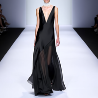 Robe longue de soirée formelle noire sans manches, col en V profond, drapée, à panneaux asymétriques, coupe trapèze fluide, sur mesure, vente en gros pour femmes