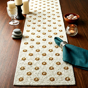 Cream <b>Gold</b> Embroidered Dot <b>Table</b> <b>Runner</b> Classic Cotton Home Decor - Product Image 1