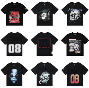 T-shirt da <span class=keywords><strong>uomo</strong></span> casual in cotone 100% lavorato a maglia a maniche corte, stampa <span class=keywords><strong>vintage</strong></span> Hell Star 1.1, vestibilità ampia, 260 grammi, magliette Hell Star - Product Image 5