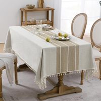 Nappe rectangulaire imperméable en mélange polyester-coton, motif lignes café, sans plis, avec pompons, idéale pour pique-nique, camping et repas