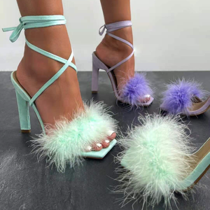 Tendy Colors Furry Escarpins Femme Talon Haut Square Toe Lace <b>up</b> Heel Women Sandals Sexy Fur Heels - Product Image 2