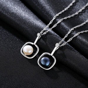 Czcity đen nửa ngọc trai <span class=keywords><strong>bezel</strong></span> thiết lập vòng cổ trắng 925 nước ngọt AAAA lớp rhodi mạ cổ điển mặt dây chuyền trang sức của phụ nữ - Product Image 5