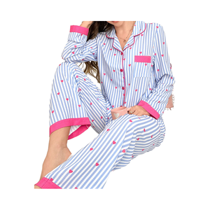 Soft Cotton <b>Long</b> <b>Sleeve</b> Turn-down Collar Elastic Waist Breathable Winter Striped <b>Women's</b> Pajamas Sets Customized Set - Product Image 4