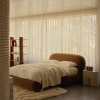 FERLY Cadre de lit moderne minimaliste en tissu bouclé vert olive, tête de lit incurvée à profil bas, lit plateforme taille Queen