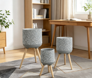 Botanical Leaf Embossed Standing Planter <b>Set</b> of 3 with Tripod Wooden Legs, Weather Resistant Decorative Plant Pot for <b>Home</b> Hotel - Product Image 5