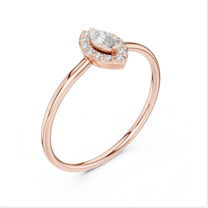 Precioso anillo de compromiso de diamante de oro rosa con centro de mesa de corte Marquesa rodeado de Halo brillante de la India - Product Image 3