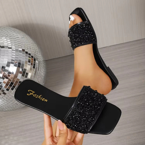 Sandalias Planas de Verano 2026 para Mujer, con Punta Cuadrada, Adornadas con Cuentas Negras, Cómodas, Tallas Grandes, Casuales, para Fiesta - Product Image 2