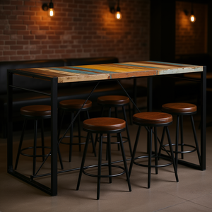Table de bar industrielle en bois récupéré, taille moyenne, base en tréteau multicolore, usage domestique et commercial - Product Image 2