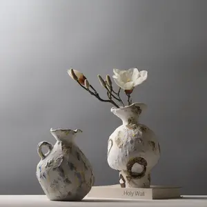 わびさびスタイル日本のセラミック花瓶の装飾手作りの素朴なセラミック花瓶の家の装飾