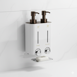 Distributeur de savon mural double EcoNature, manuel, sans électricité, pour salle de bain, shampoing, gel douche, design minimaliste - Product Image 1