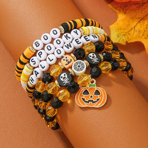 Halloween <b>Beaded</b> <b>Bracelets</b> Set Orange Black Pumpkin Spider Skull Charm Unisex Jewelry for Party Costume Accessory - Product Image 3