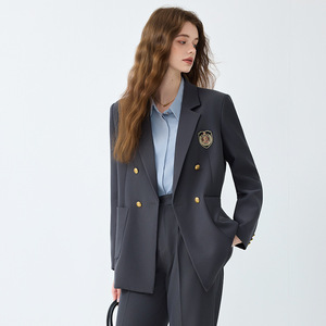 Women's Suit Set Double Breasted Blazer With Emblem Pants Elegant Business Leisure Wear Anti-Wrinkle Worsted Fabric Full Sleeve - Product Image 2
