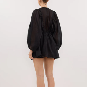 Vestidos de lino de otoño de nuevo diseño para damas, casuales, holgados, modestos, con cuello en V profundo, vestidos de manga larga estilo playero, mini vestido camisero para mujer - Product Image 2