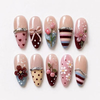 30 faux ongles à presser, forme amande et stiletto, motif floral 3D, bande argentée et cœur, avec lime à ongles, vente en gros et dropshipping