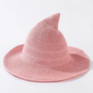 Halloween Dress-up Knitted Wool Wizard Witch Hat for Adults Men Women Cosplay Fancy Costume Party Wholesale Pink Pointed Cap