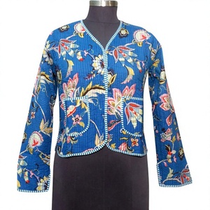 Blue Floral Quilted Jacket V-Neck Full Sleeve Printed Polyester Women's Spring Coat - Product Image 1