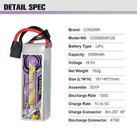 CODDAR RC LiPo Batterie 5S 6500MAH 18.5V 120C XT60 FPV Drone EDF Jets Camion Avion Hélicoptère MultiCopter Bateau RC Hobby