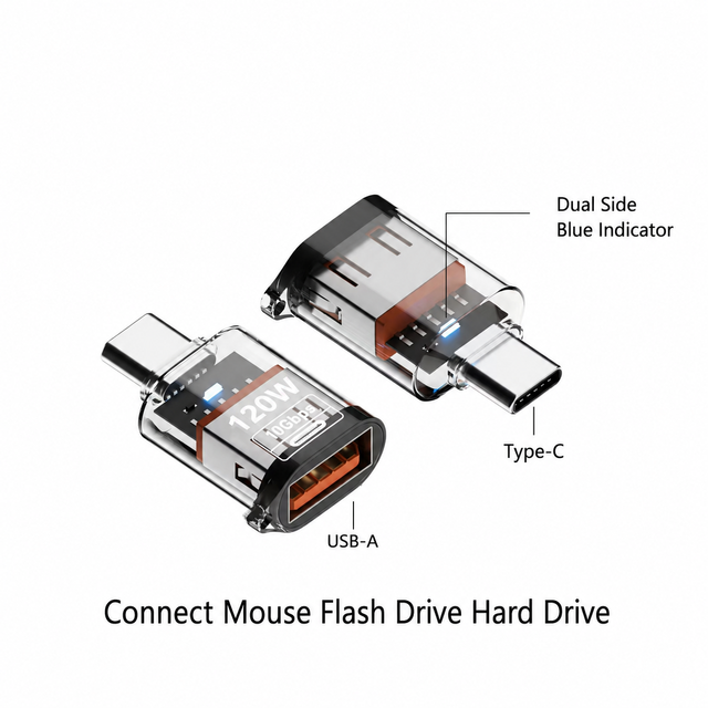 Portable 120W USB a to Type C Female Converter 10Gbps High Speed Data Audio Charging Transparent Adapter Keychain