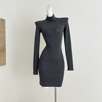 Robe en tricot à col montant et manches bouffantes, design original CYNR, sensation haut de gamme, logo brodé, coupe ajustée, style vintage, antistatique