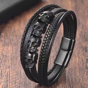Bracelet multi-couches en acier inoxydable avec breloque magnétique, bracelets en cuir tressé pour hommes, bracelets punk à crâne, accessoires de bijoux - Product Image 6