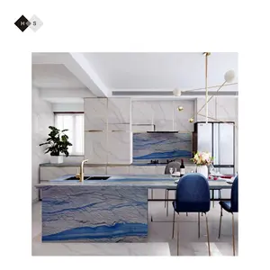 Op Maat Gemaakte Blauwe Marmeren Stenen Aanrecht Gootsteen Eiland Tafel Keuken Top Aanrecht Modern Design
