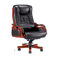 Chaise de bureau de direction de luxe traditionnelle en bois massif à dossier haut avec accoudoirs en bois, revêtement en cuir PU, pivotante et à roulettes