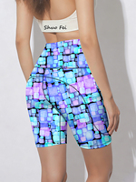 Shorts de yoga pour femmes à imprimé géométrique moderne, bleu et violet, taille haute, 230 g/m², avec poche