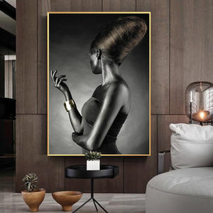 Peinture murale abstraite moderne sexy en noir et <span class=keywords><strong>or</strong></span>, cadre en alliage <span class=keywords><strong>d</strong></span>'aluminium, toile faite à <span class=keywords><strong>la</strong></span> main, femme africaine, 30x40cm, luxe léger - Product Image 1