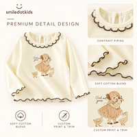 T-shirt à manches longues pour filles, personnalisé, imprimé avec des personnages, col à volants, sous-vêtement, haut pour tout-petits, fournisseur en gros OEM ODM