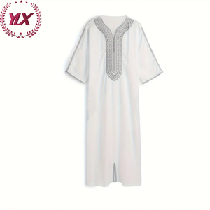 Túnica larga árabe musulmana islámica de estilo marroquí <span class=keywords><strong>tradicional</strong></span> para hombres Cuello Blanco bordado gris plateado <span class=keywords><strong>vestido</strong></span> modesto de tres cuartos - Product Image 1