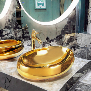 Hot Selling <strong>Gold</strong> Color Oval Modern Porcelain Bathroom Hotel Washroom Countertop Special <strong>Crystal</strong> Plated Art Basin Lavabo - Product Image 4