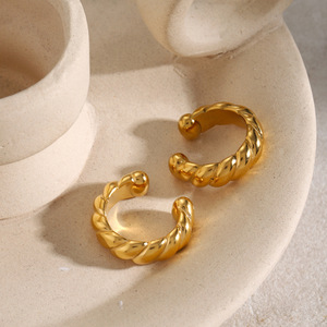 Stainless Steel Round Thread Clip On <b>Earrings</b> 18k Gold Plated Geometric Design Fashion Hoop <b>Earrings</b> - Product Image 4