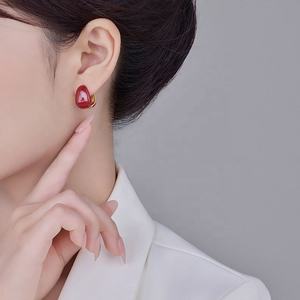 Pendientes de Botón Geométricos de Doble Cara, Chapados en Oro de 18K, Plata S925 y Cobre Esmaltado Rojo, de Lujo Francés de Alta Gama para Mujer, Regalo Sencillo - Product Image 4