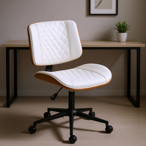 Chaise de bureau en cuir PU blanc avec roulettes, pivotante à 360°, hauteur réglable, chaise de bureau à domicile au design moderne, dossier capitonné - Product Image 2