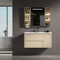 Meuble-lavabo de salle de bain avec vasque en céramique intégrée et armoire miroir LED intelligente ; Meuble-lavabo moderne pour appartements et villas