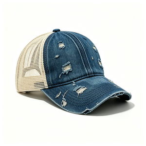 Casquette Trucker en Jean Délavé Effet Vieilli avec Trous Déchirés, Dos en Maille Respirante, Style Décontracté pour Extérieur, Logo Personnalisé, Unisexe - Product Image 5