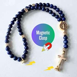 Bracelet magnétique fait main en lapis-lazuli de 4 mm, chapelet complet de 5 décades, médaille miraculeuse, cadeau catholique - Product Image 1