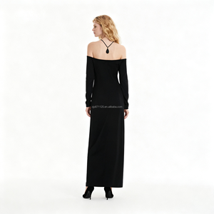 Maxi abito da donna <span class=keywords><strong>nero</strong></span> a maniche lunghe <span class=keywords><strong>con</strong></span> <span class=keywords><strong>spacco</strong></span> <span class=keywords><strong>laterale</strong></span> e abito aderente elegante da parte posteriore aperto per feste - Product Image 4