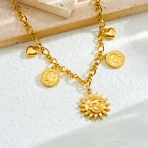 European American Punk Sun Face Coin Heart Pendant Chain Stainless Steel Chunky Necklace Gift - Product Image 2