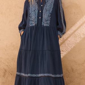 Vestido de Lino y Algodón Personalizable, Elegante, Cuello en V, Casual, Corte en A, Manga Larga, Midi, para Mujer, Ideal para Vacaciones de Verano - Product Image 3