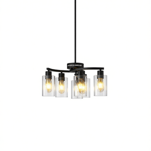 Modern Farmhouse Black Iron Pendant Chandelier Clear Glass Shade Adjustable Height <b>Dining</b> <b>Light</b> E26 Bulb 6-<b>Light</b> - Product Image 1