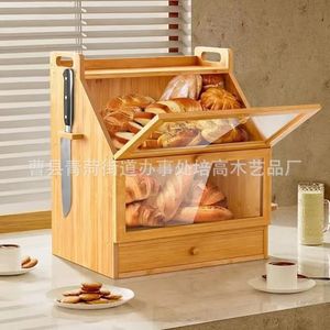 Boîte à pain en bambou Peigao à double couche avec porte en verre, armoire de rangement en bois pour la cuisine ou le bureau - Product Image 2