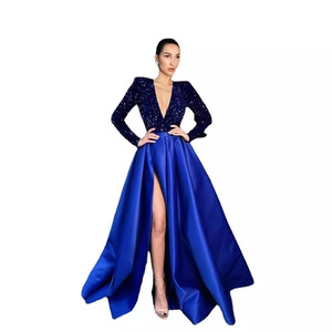 Burgundy <b>Sequin</b> Evening Gown V-Neck Long Sleeve High Slit Full Swing Dress For Banquets And Parties - Product Image 3